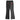 Black flared pants with red embroidered symbols on back pockets, featuring a textured leather-like finish on one side.